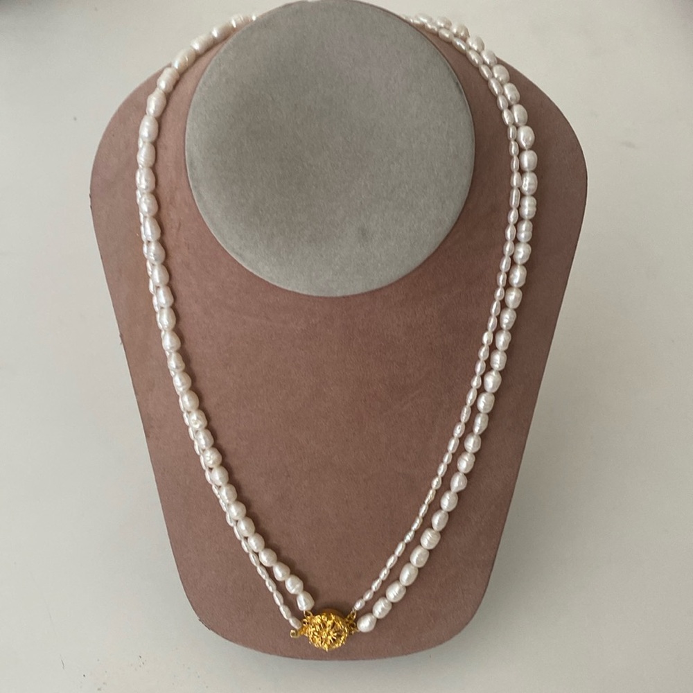 Fresh Water Pearl Necklace Double Strands Mixed Sized 25” Silver Clasp